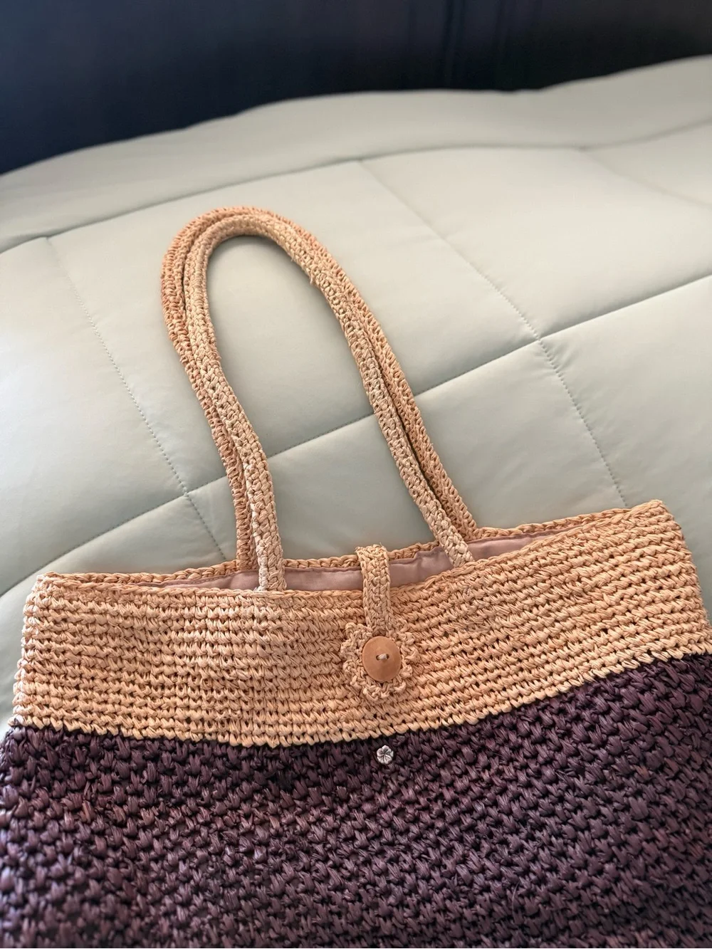 flora Bella Woven Two-Tone Straw Tote Bag - Brown & Tan. Vintage